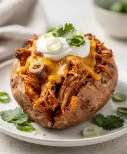BBQ chicken stuffed sweet potatoes with cheese and green onions on wood