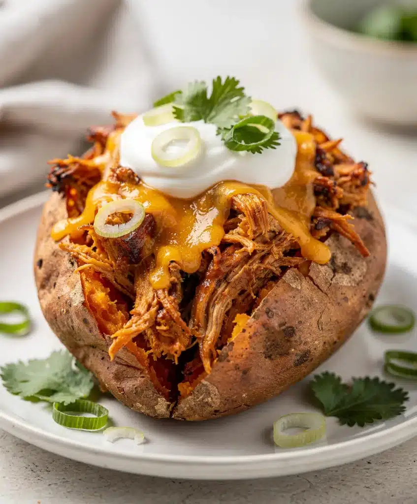 BBQ chicken stuffed sweet potatoes with cheese and green onions on wood
