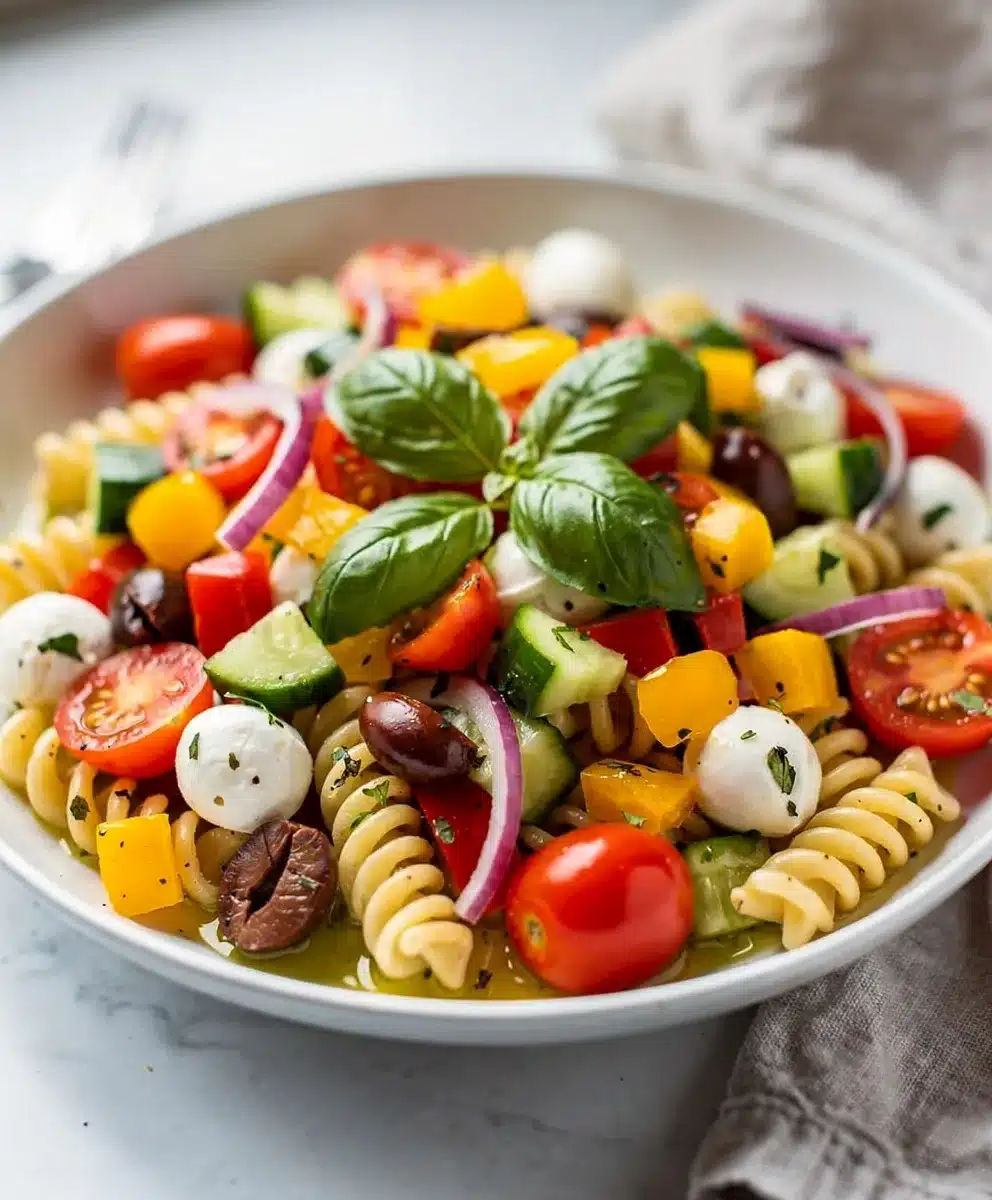 Colorful fusilli pasta salad with fresh vegetables and mozzarella in a bowl