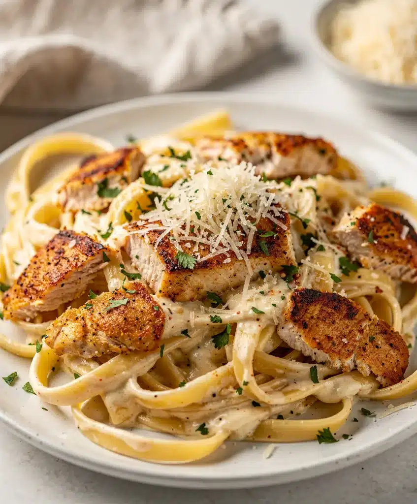 Creamy Cajun chicken Alfredo pasta with seared chicken and glossy sauce.