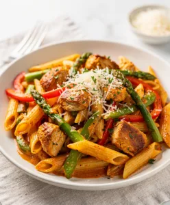 Creamy Cajun pasta with chicken and vegetables in a glossy sauce.