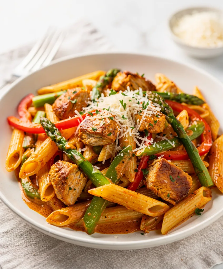 Creamy Cajun pasta with chicken and vegetables in a glossy sauce.