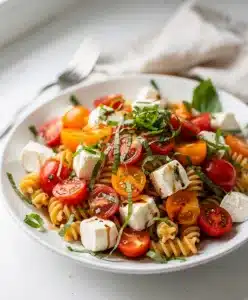Colorful Caprese pasta salad with fresh tomatoes and creamy mozzarella cheese.