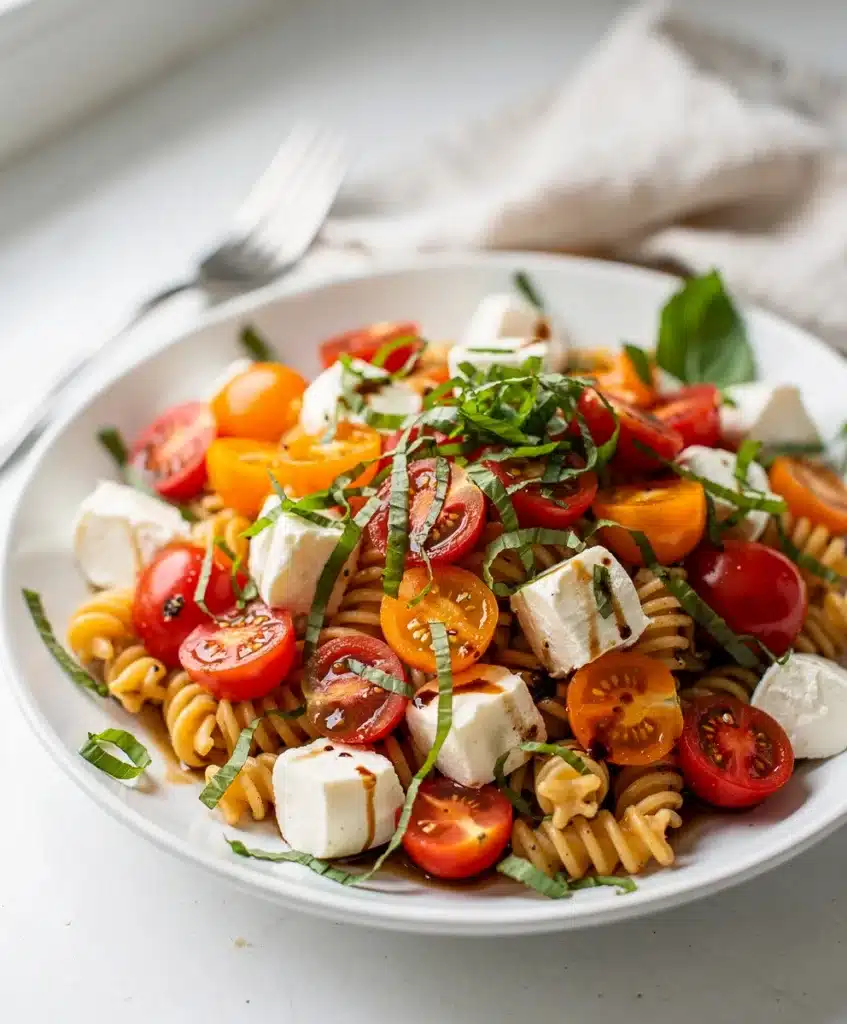 Colorful Caprese pasta salad with fresh tomatoes and creamy mozzarella cheese.