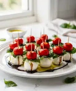 Colorful Caprese skewers with fresh mozzarella tomatoes and basil on a rustic wooden board