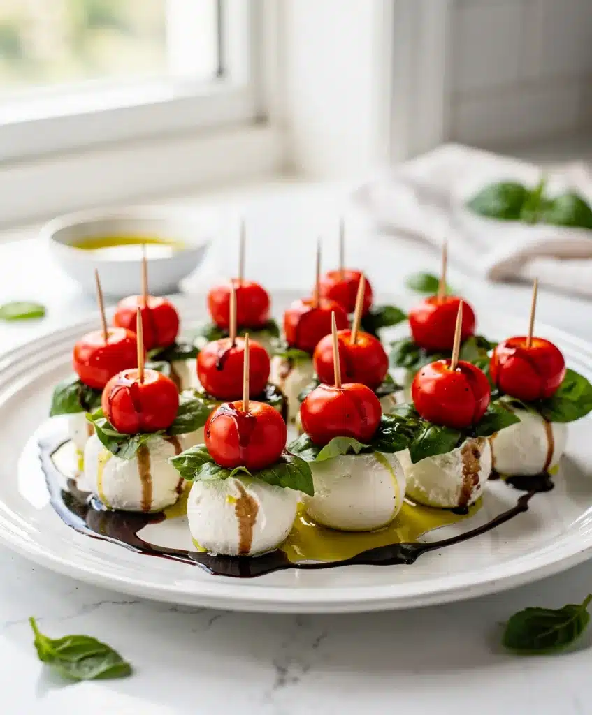 Colorful Caprese skewers with fresh mozzarella tomatoes and basil on a rustic wooden board