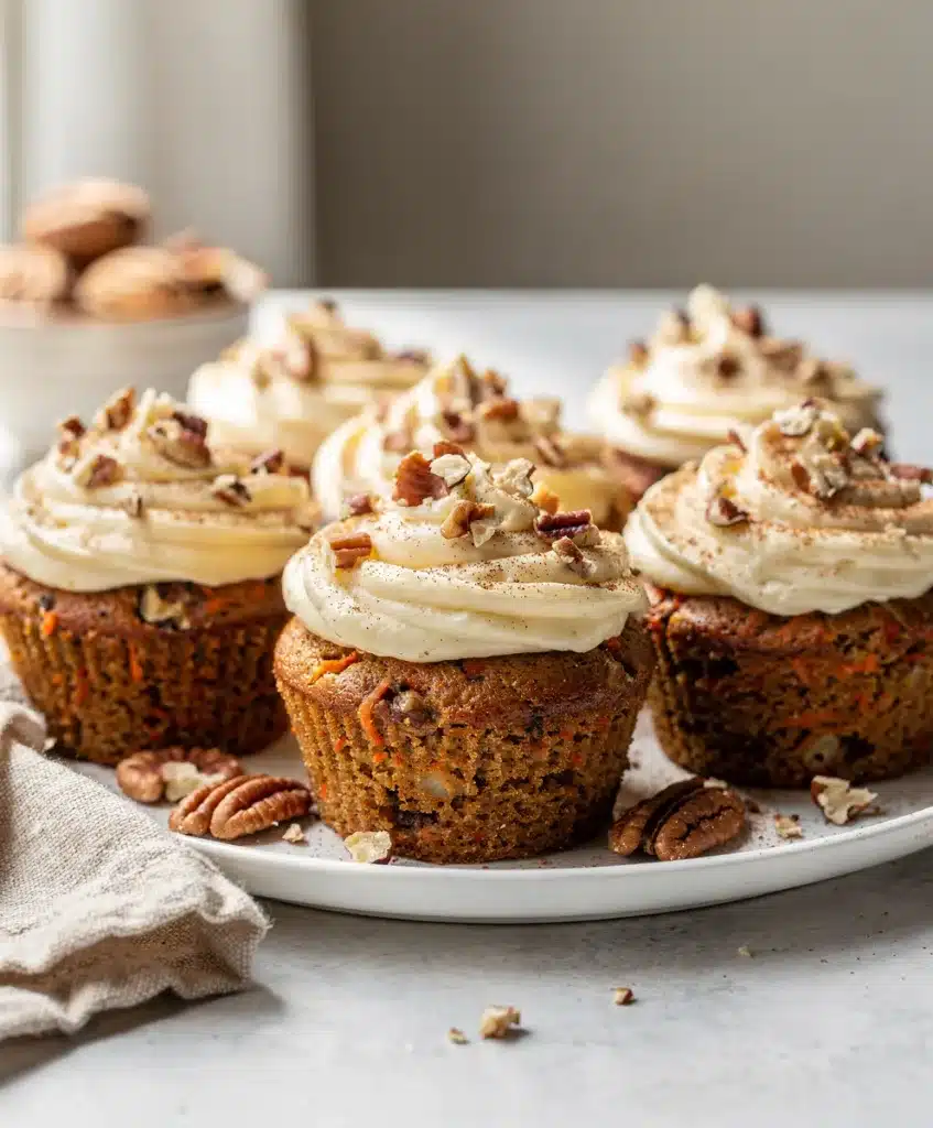 Moist carrot cake cupcakes with creamy frosting on a rustic wooden table.