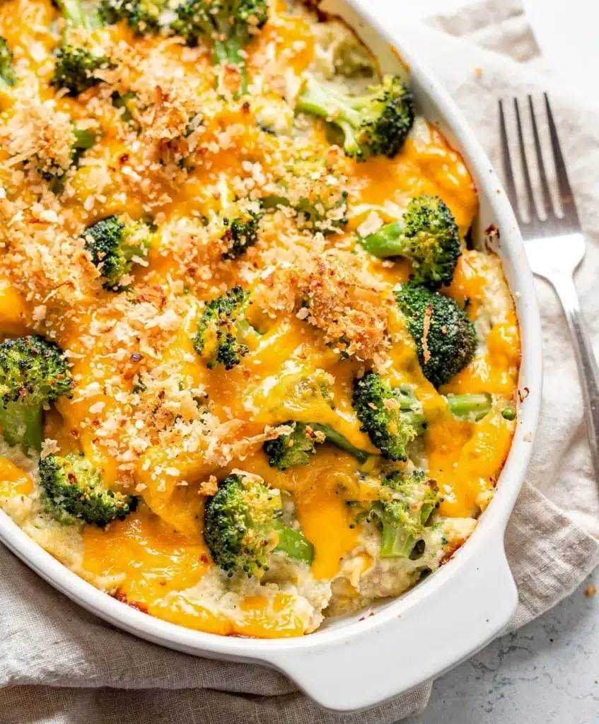 Cozy cheesy broccoli casserole with golden panko topping in a baking dish.