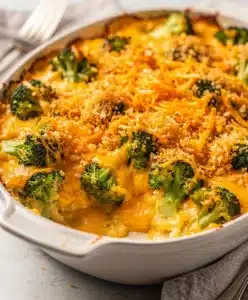 Homestyle cheesy broccoli casserole with creamy sauce and crispy topping.