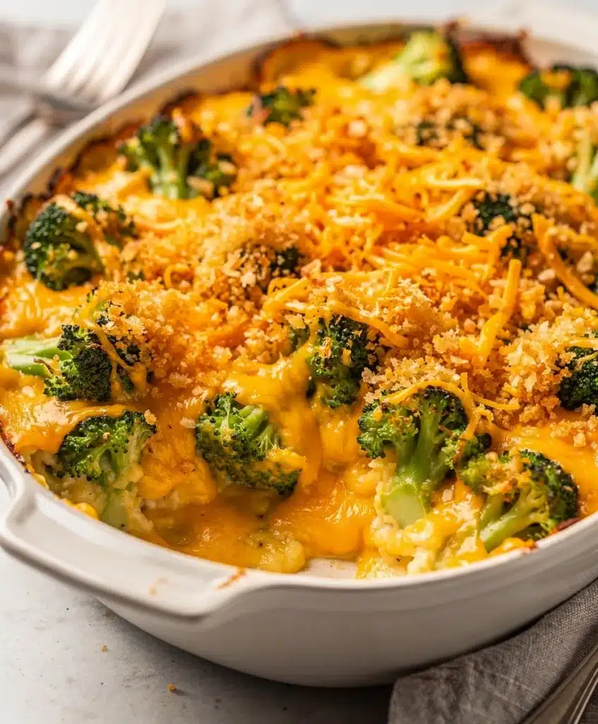 Homestyle cheesy broccoli casserole with creamy sauce and crispy topping.