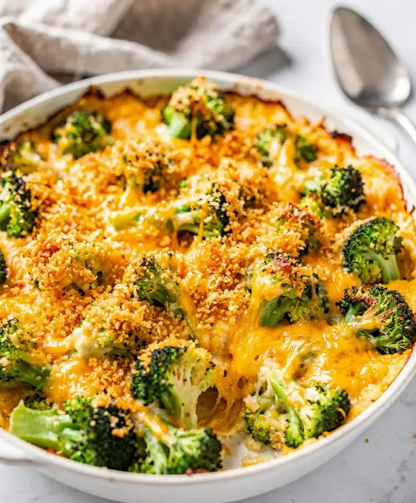 Golden brown cheesy broccoli casserole with a crispy panko Parmesan topping.