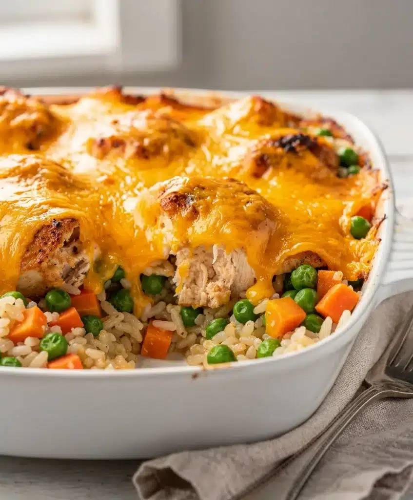 Creamy cheesy chicken and rice bake with golden crispy cheese edges