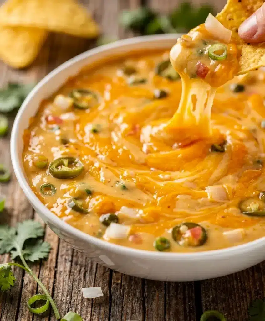 Creamy cheesy queso dip with tomatoes and jalapeños for dipping chips