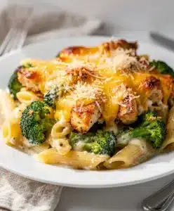 Creamy chicken broccoli Alfredo bake casserole with golden cheese topping