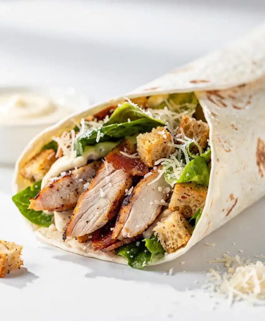 Crisp romaine and grilled chicken in a creamy Caesar wrap recipe.