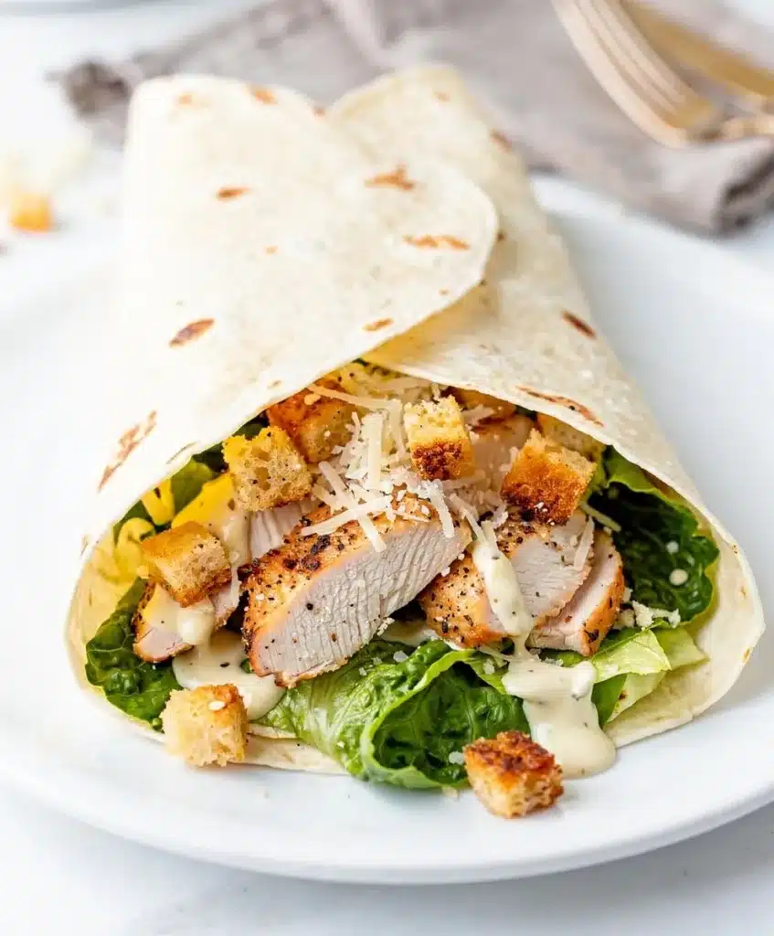 Sliced chicken Caesar wrap reveals tender chicken crisp lettuce and creamy dressing