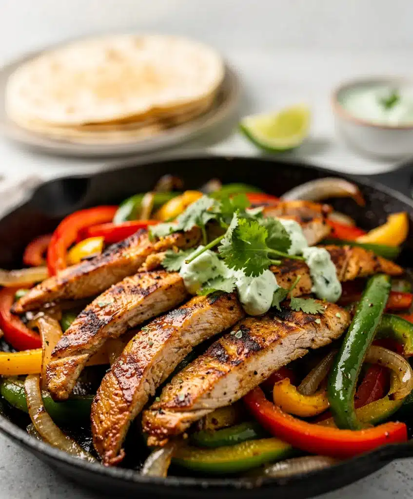 Golden brown chicken fajita skillet with colorful peppers and fresh toppings.
