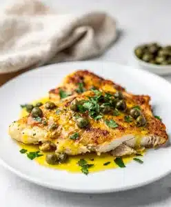 Golden pan seared chicken piccata with lemon butter sauce and capers