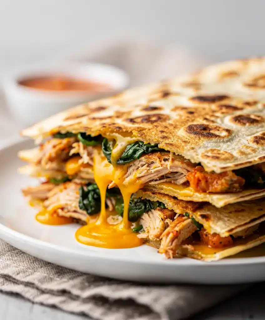 Golden crispy chicken and spinach quesadilla with melted cheese and fresh salsa