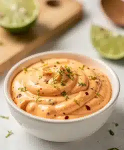 Creamy chipotle lime mayo with adobo swirls in a rustic ceramic bowl.