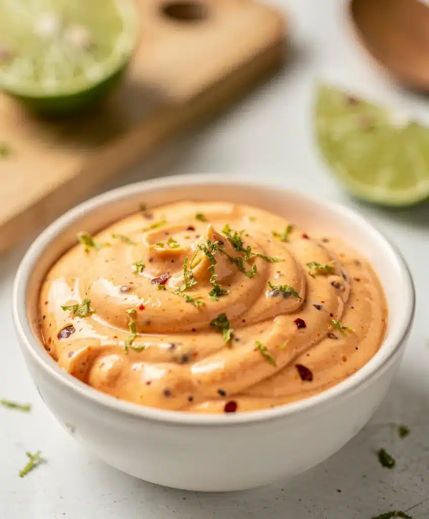 Creamy chipotle lime mayo with adobo swirls in a rustic ceramic bowl.