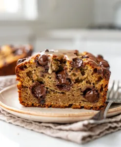 Moist chocolate chip banana bread slice with glossy brown sugar glaze.