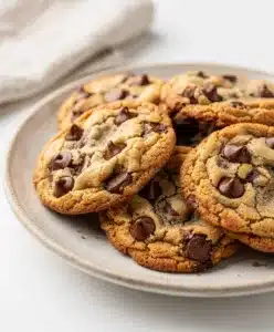 Chewy chocolate chip cookies with melty chips and a glass of milk.
