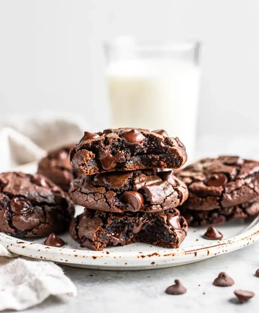 Double chocolate cookies with fudgy crackled tops and gooey chocolate chips.