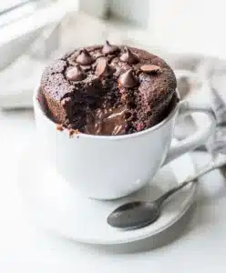 Moist single serving chocolate mug cake with melty chocolate chips dessert
