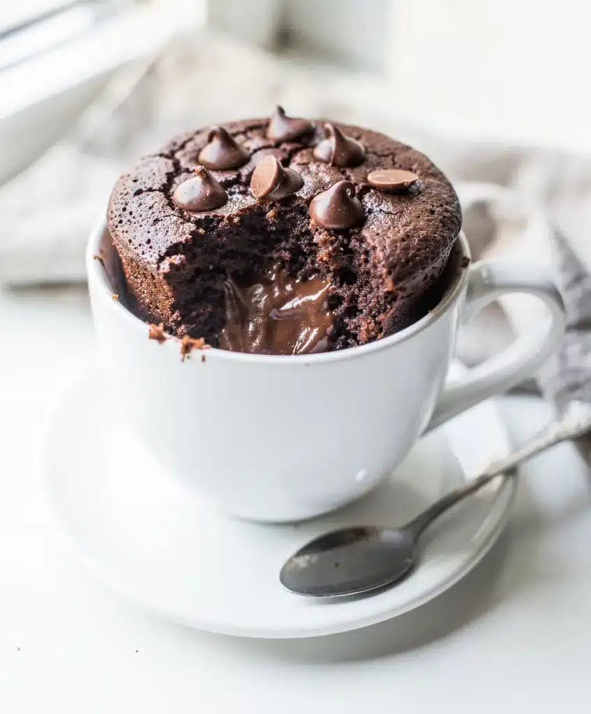 Moist single serving chocolate mug cake with melty chocolate chips dessert