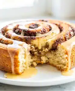 Cinnamon roll cake recipe with tender swirls and sweet vanilla glaze