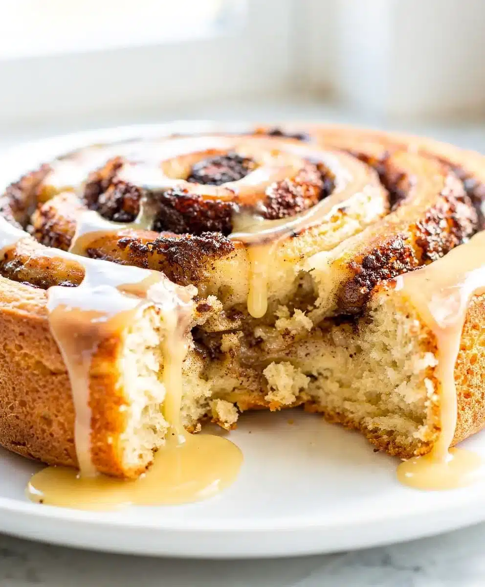 Cinnamon roll cake recipe with tender swirls and sweet vanilla glaze