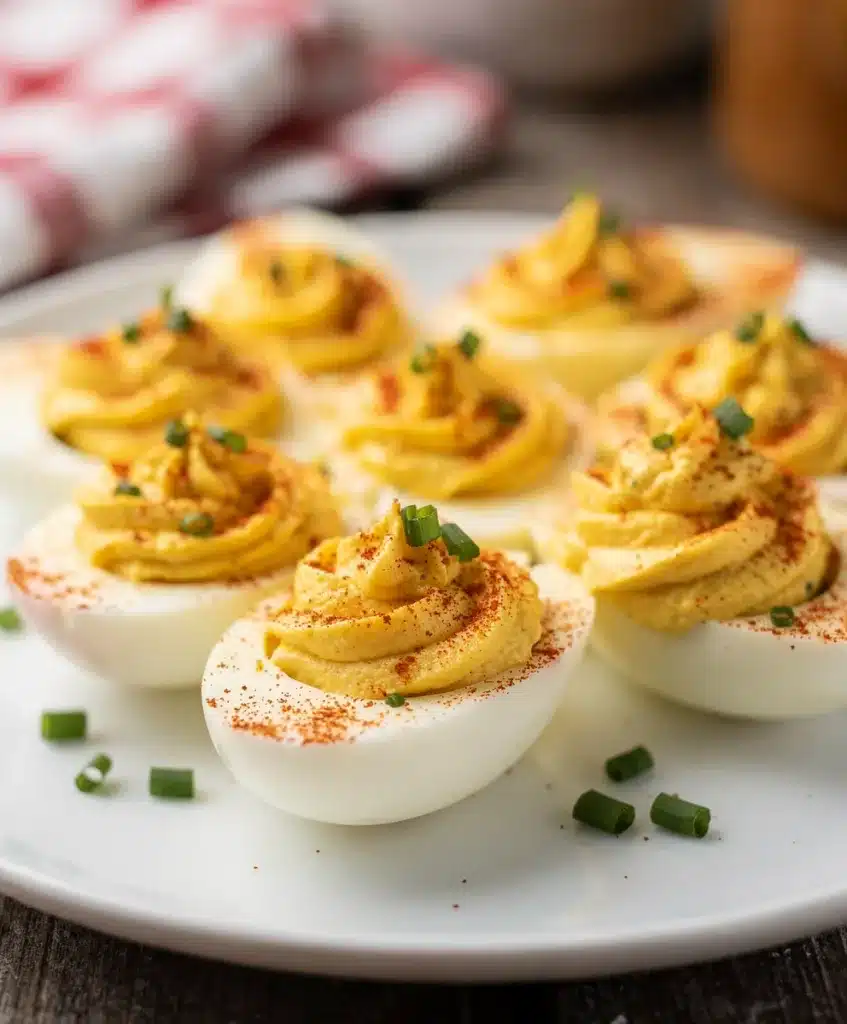 Classic deviled eggs recipe with creamy filling and paprika garnish close up