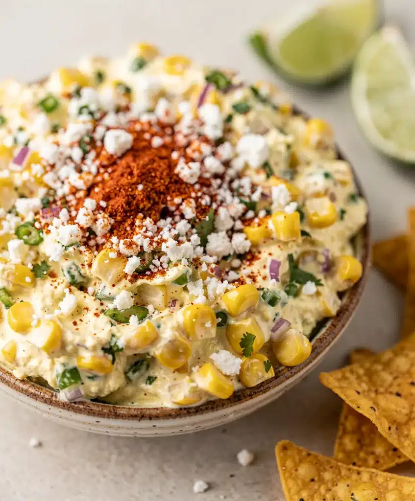 Creamy Mexican street corn dip with cotija cheese and chili powder in bowl