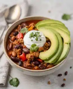 Hearty turkey chili soup with creamy beans in a rustic bowl.