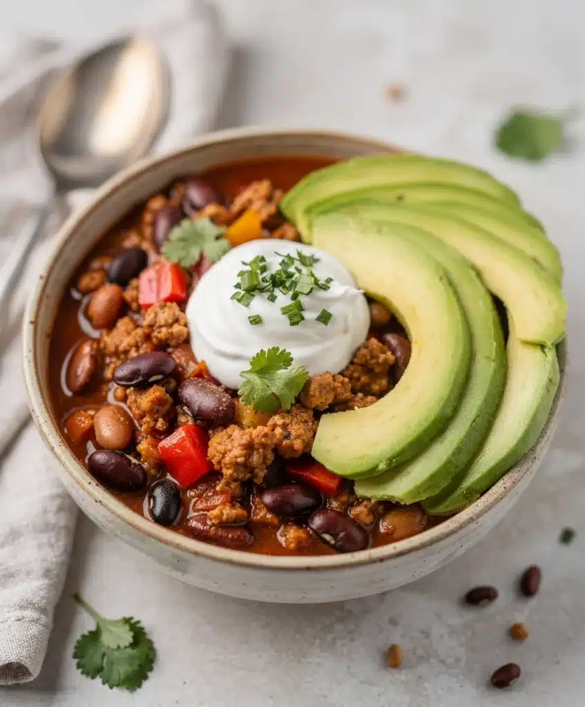 Hearty turkey chili soup with creamy beans in a rustic bowl.