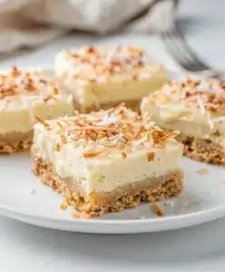Homemade coconut cream pie bar with creamy filling and toasted coconut topping.