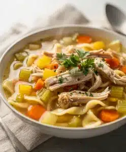 Comforting chicken noodle soup with tender chicken, egg noodles, and vegetables in golden broth.
