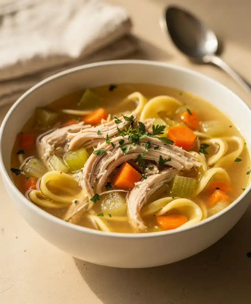 Cozy chicken noodle soup with tender chicken and vegetables in golden broth