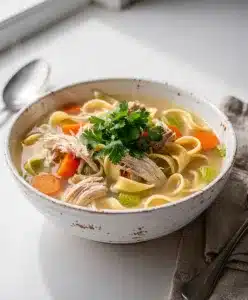 Cozy chicken noodle soup with carrots celery and shredded chicken in golden broth
