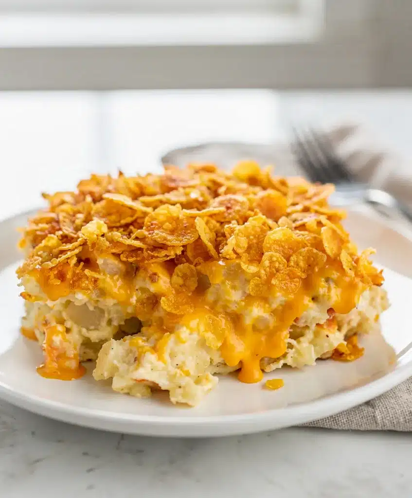 Creamy crockpot hashbrown casserole with crispy cornflake topping in ceramic dish.