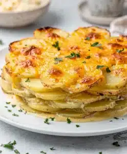 Creamy scalloped potatoes casserole with crispy cheesy edges and fresh chives.