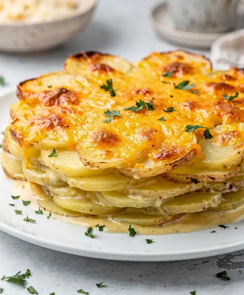 Creamy scalloped potatoes casserole with crispy cheesy edges and fresh chives.