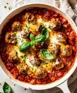 Cozy turkey meatball marinara skillet with melted cheese and fresh basil garnish