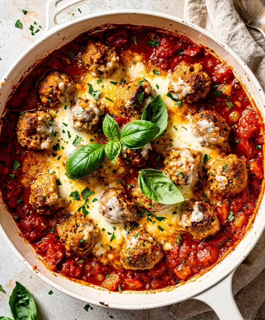 Cozy turkey meatball marinara skillet with melted cheese and fresh basil garnish