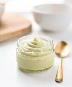 Creamy homemade avocado oil mayonnaise recipe in a bright food photo.
