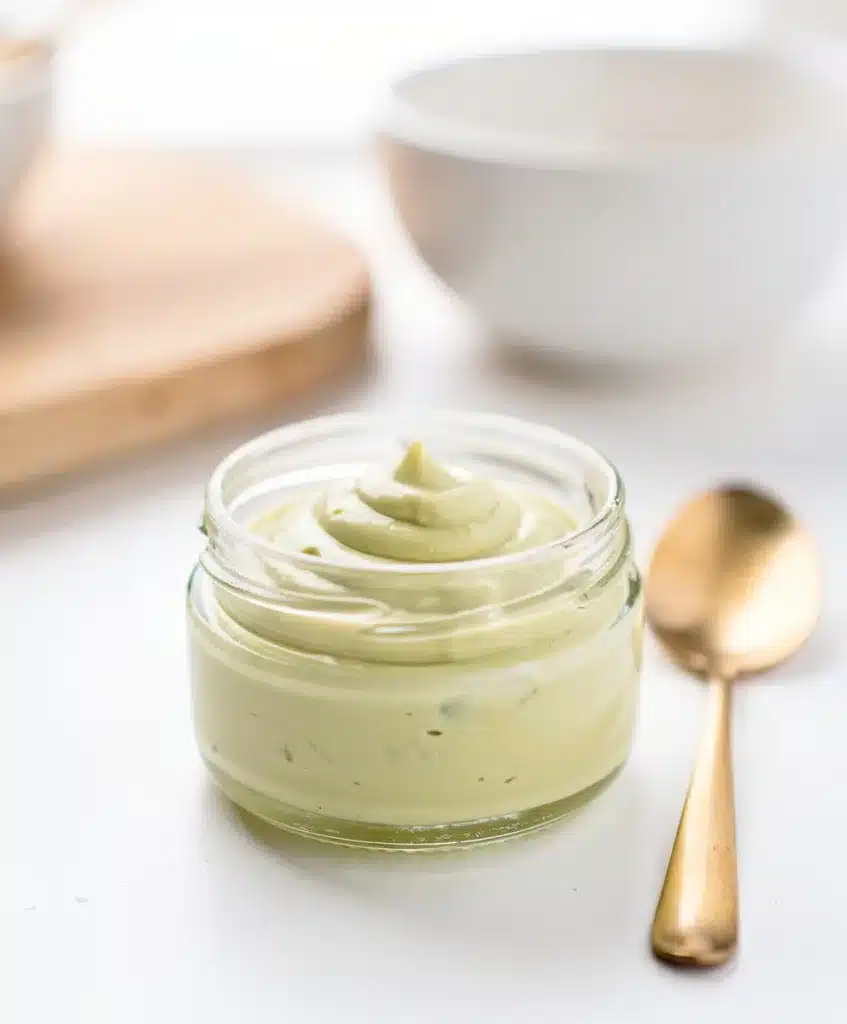 Creamy homemade avocado oil mayonnaise recipe in a bright food photo.