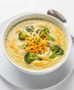 Creamy broccoli cheddar soup recipe in a rustic white bowl with bread.