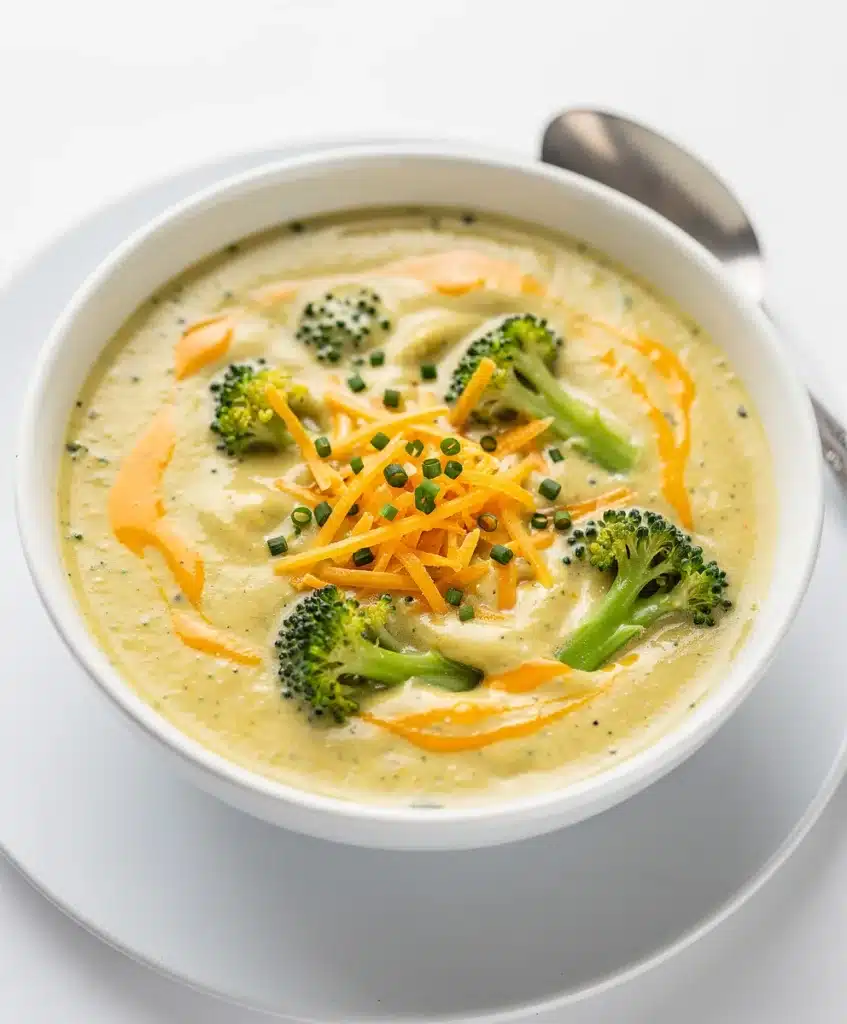 Creamy broccoli cheddar soup recipe in a rustic white bowl with bread.