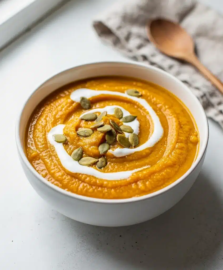 Creamy butternut squash soup garnished with coconut cream and pumpkin seeds